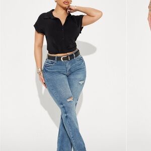 Fashion Nova Blue Boot Cut Jeans with Distressed Details